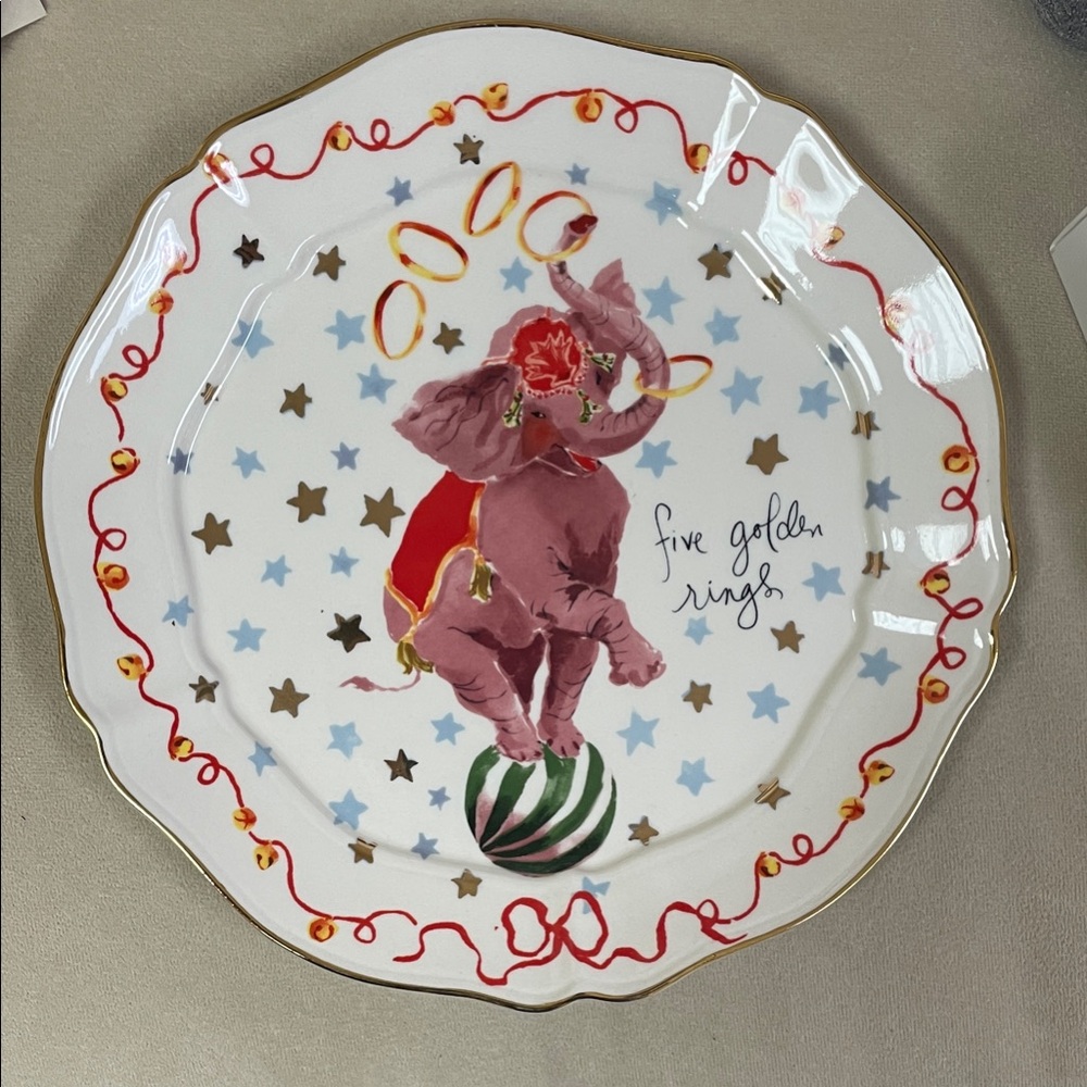 Anthropologie Inslee Fariss 12 Days of Christmas  Elephant Plate 5 Golden Rings